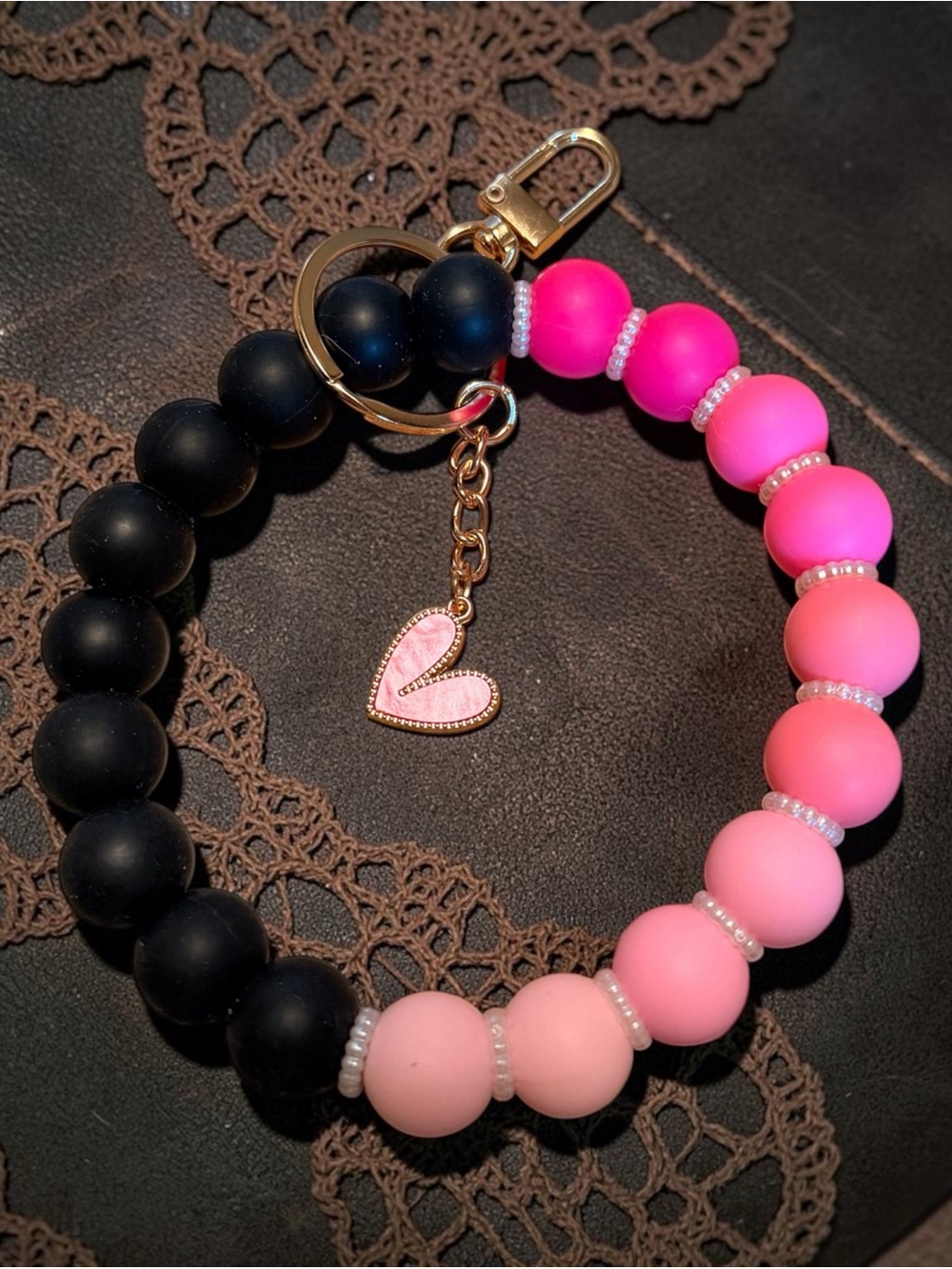 Beaded Heart Charm Wrist Key Holder - Black & Pink